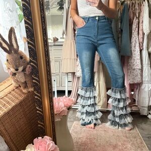 Shabby-Chic Lace Ruffle Wide Leg Jeans